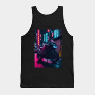 Neon Speedster: Motorcycle Majesty in a Japanese Metropolis Tank Top